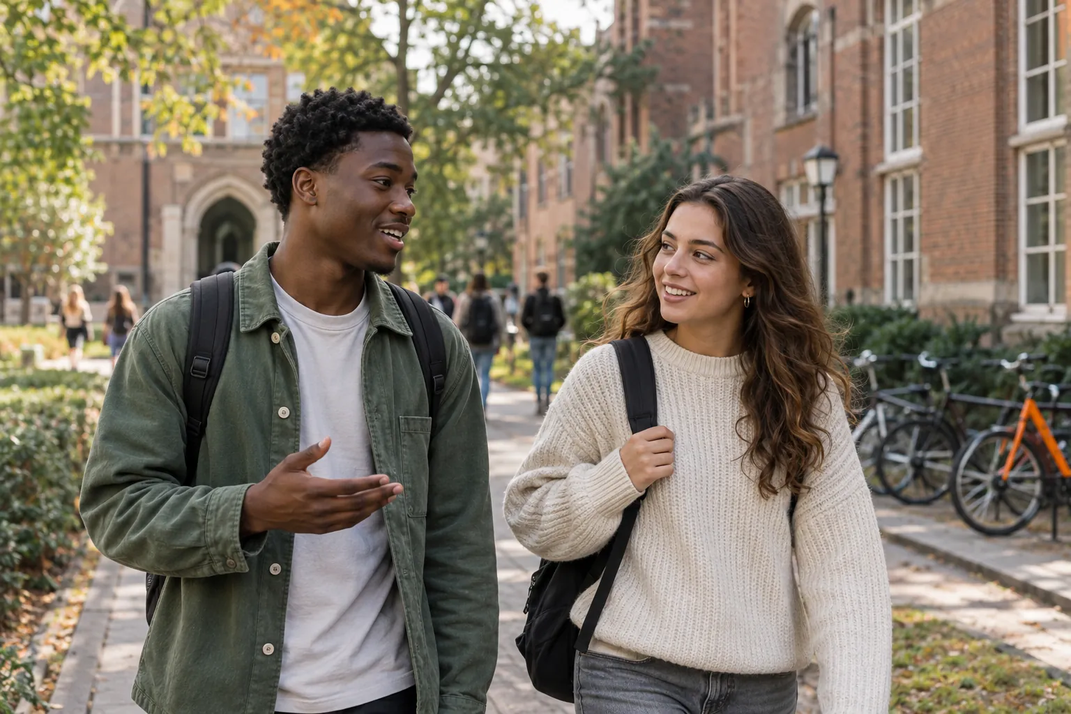 Twee studenten lopen samen over een campus met fietsen en bakstenen gebouwen
