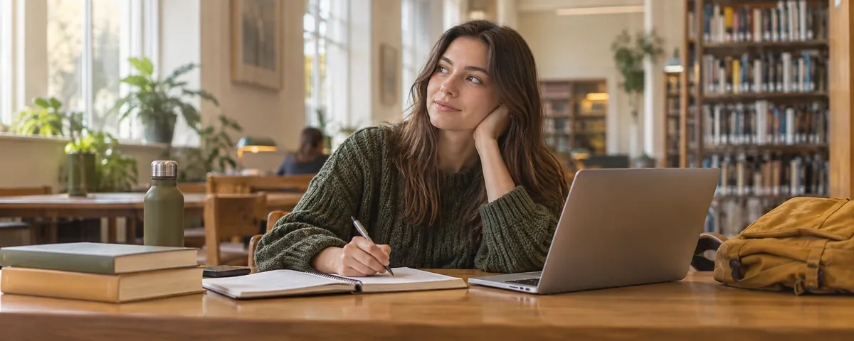 Studente met een notitieboek en laptop aan een tafel in de bibliotheek
