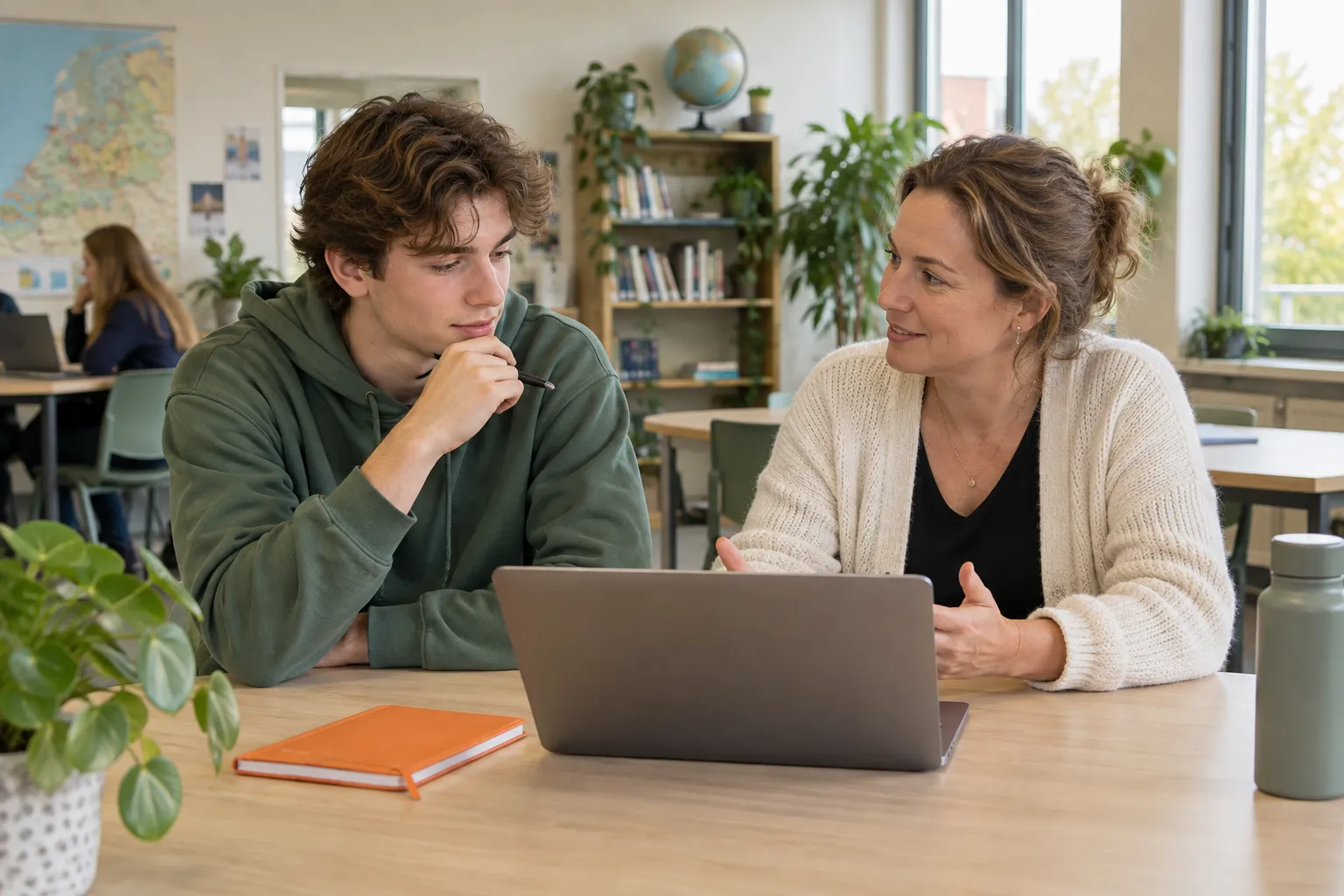 Leerling en studiebegeleider bespreken samen mogelijkheden aan een laptop