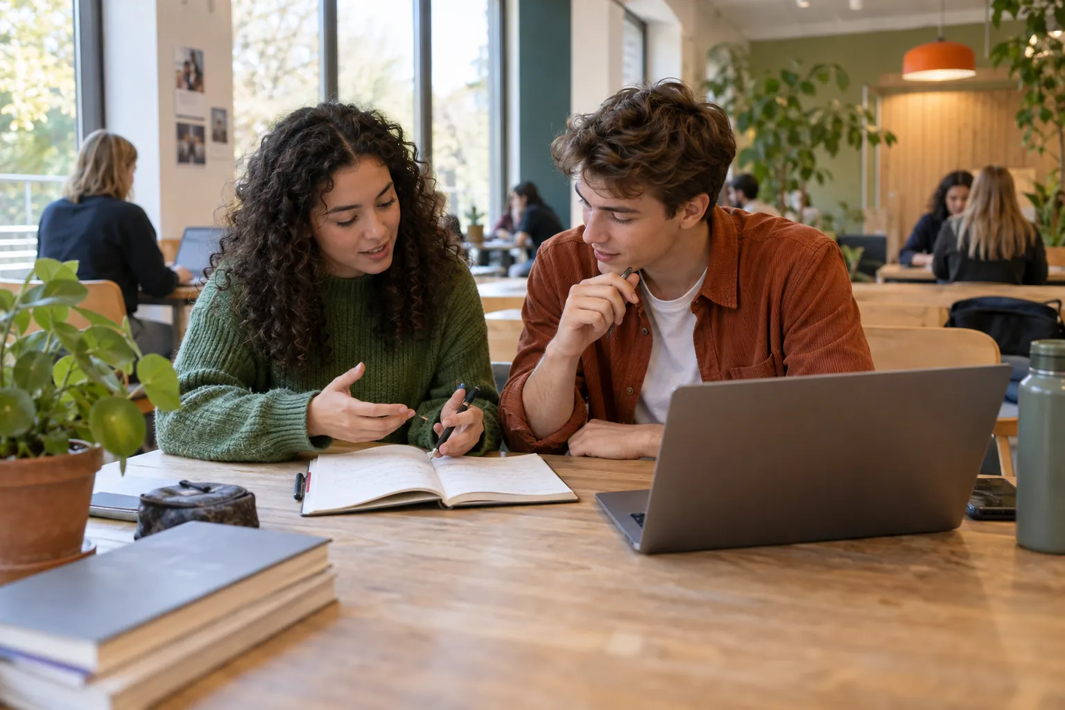 Twee studenten werken samen aan een idee met een notitieboek en laptop
