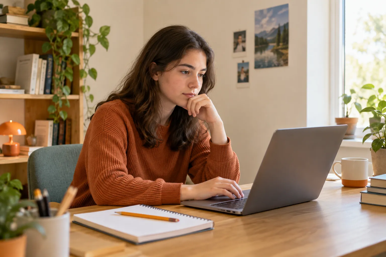 Leerling denkt na over persoonlijke vragen tijdens het werken op een laptop