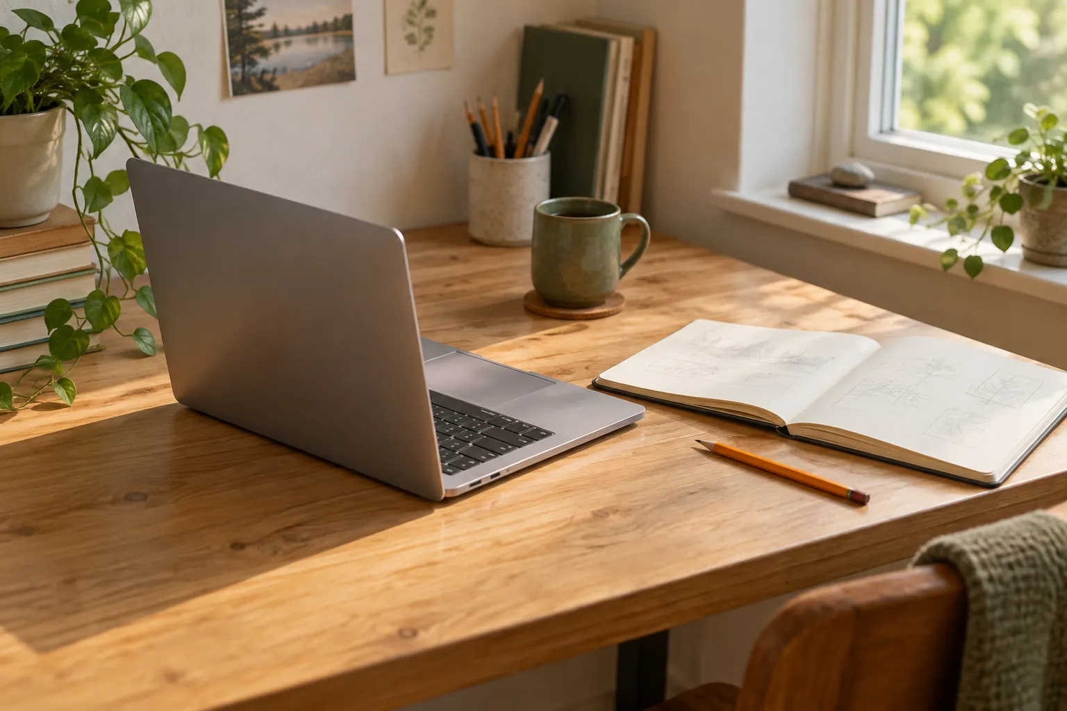 Een laptop, open notitieboek en potlood op een houten studiebureau bij het raam
